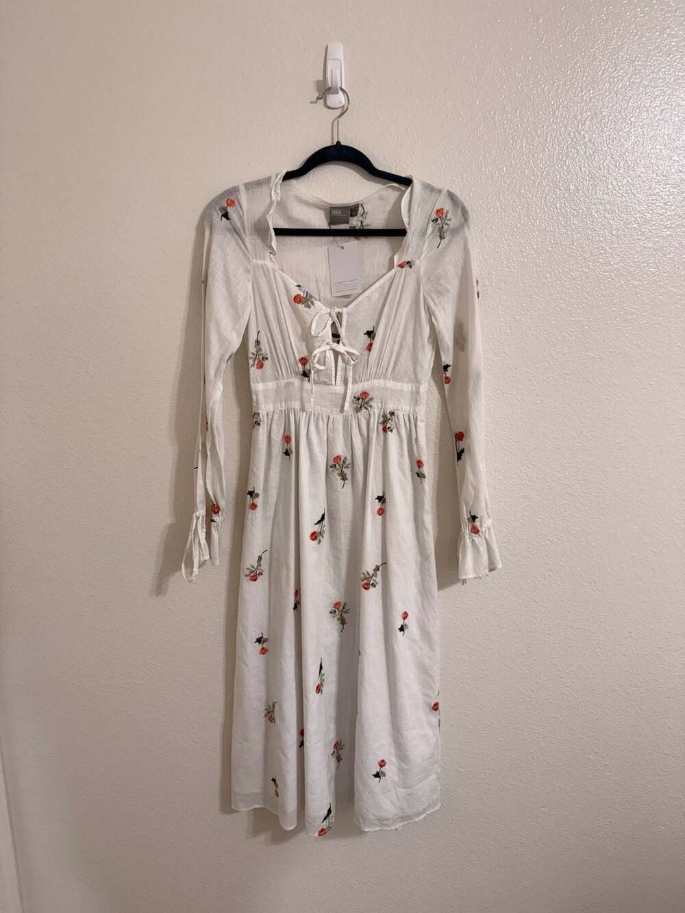 ASOS White Floral Embroidered Long Sleeve Midi Dress with Tie Front Detail